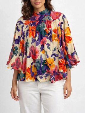Warm NY Silk Floral Blouse High Neck Back Button Boho Top Size M Colorful